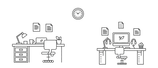 Vector thin line workspace scene featuring minimalist office elements, modern desk setup, and clean design, perfect for professional, creative, and business-related illustrations and presentations.