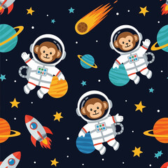 Cute astronaut monkeys planets stars rockets in space Fun cosmic seamless pattern for kids