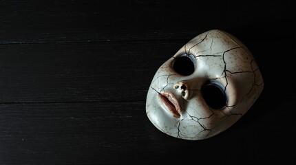 Cracked Mask Lies on Black Wood Drama and Decay Concept