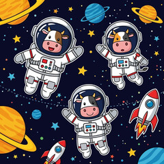 Smiling cartoon astronaut cows float in space with planets stars and rockets Fun whimsical childrens design