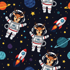 Cute deer astronauts explore outer space with planets stars and rockets Fun childrens design