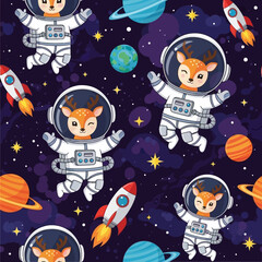 Cute deer astronauts floating in space with planets rockets and stars