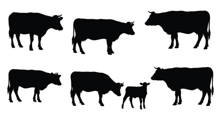 Silhouettes of cows and a calf against a plain white background