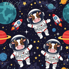 Cute astronaut cows float in a whimsical space pattern with planets and rockets ideal for childrens designs