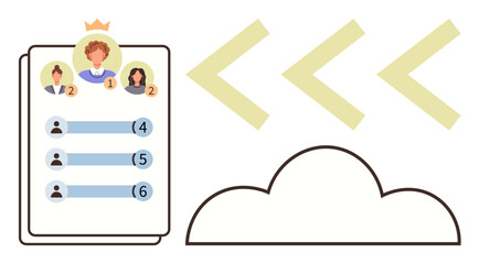 Leaderboard ranking characters numerically under a crown, cloud storage illustration, directional arrows. Ideal for teamwork, leadership, data visualization, competition, hierarchy, cloud technology