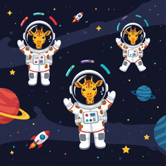 Smiling cartoon giraffes in astronaut suits float in space among planets and rockets Childhood wonder