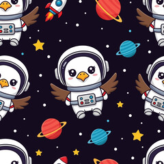 Cute astronaut eagles in a whimsical space pattern with planets and stars Ideal for kids designs