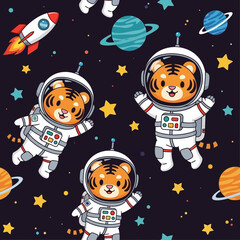 Cute cartoon astronaut tigers floating in space with planets stars and a rocket Playful adventure