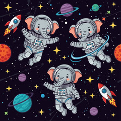 Cute astronaut elephants explore space with planets and rockets Childhood dreams adventure learning