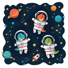Cute cartoon dinosaurs in astronaut suits exploring outer space with planets and stars fun adventure