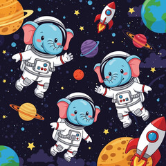 Cute cartoon elephants in astronaut suits floating among planets and stars in outer space