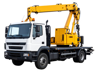 A robust utility truck equipped with a hydraulic crane for lifting and transporting heavy materials efficiently.