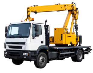 A robust utility truck equipped with a hydraulic crane for lifting and transporting heavy materials efficiently.