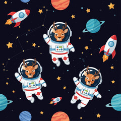 Cute deer astronauts exploring space with planets stars and rockets Fun whimsical cosmic adventure