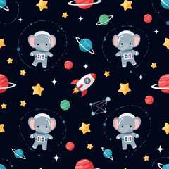 Cute elephant astronauts rockets planets stars in a playful seamless space pattern