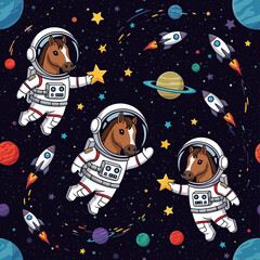 Cute cartoon horses in astronaut suits explore colorful outer space with planets and rockets