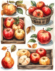 Autumn's bounty of apples and pears in watercolor style