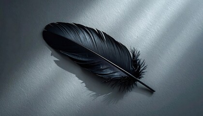 Black Feather on Gray Surface Abstract Minimalist Stilllife
