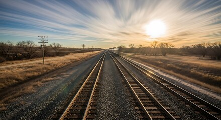 Fototapeta premium Multiple Train Tracks Converging Towards a Bright Sunset Horizon.