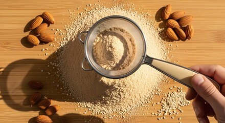 Freshly sieved almond flour ready for baking delicious pastries, perfect for healthy gluten-free recipes and culinary projects for a modern lifestyle