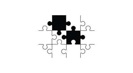 Black puzzle pieces connecting on a white background represent completion