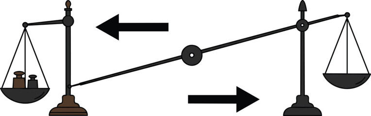 Balance scale, weight comparison, physics concept, equilibrium shift, fairness metaphor, imbalance illustration, educational graphic, vector art, empty pan, transition arrows