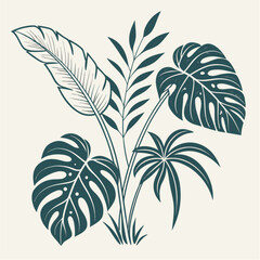 Elegant dark teal illustration of a tropical foliage bouquet with Monstera palm and banana leaves.