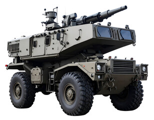 Armored military vehicle equipped with advanced weaponry and robust tires for tactical operations and defense.