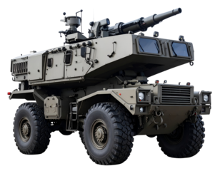 Armored military vehicle equipped with advanced weaponry and robust tires for tactical operations and defense.