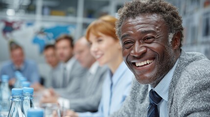 Happy diverse business meeting with smiling team in a modern conference room