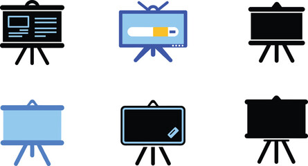 Presentation board, digital screen, infographic display, smartboard icon, tripod stand, teaching tool, classroom graphic, vector set, black background, education concept