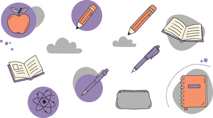 School supplies, apple, pencil, open book, atom symbol, pen, notebook, cloud, science icon, doodle style, white background