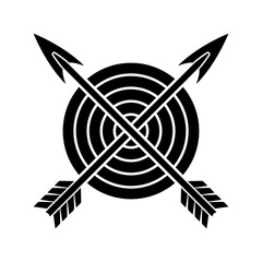 Crossed bow arrows and a target. Black silhouette. Front view. Vector simple flat graphic illustration. Isolated object on a white background.