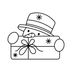 Snowman with a gift box. Black outline line silhouette. Editable strokes. Front view. Vector simple flat graphic illustration. Isolated object on a white background.