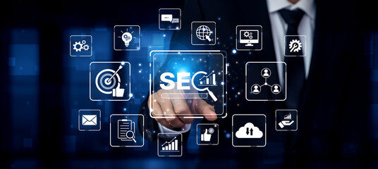 SEO concept for improving SEO visibility, with SEO related digital tools and SEO performance icons shown in an focused layout for strategic marketing. Spline