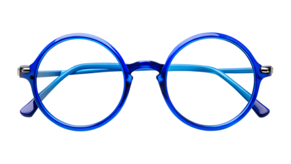 Stylish blue round eyeglasses isolated on transparent background, a fashionable accessory for vision correction or a trendy statement piece