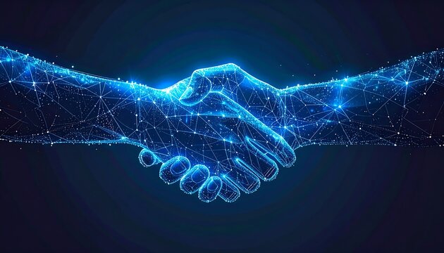 A stylized image shows two hands clasped in a handshake, rendered in a glowing blue, network-like formation against a dark background