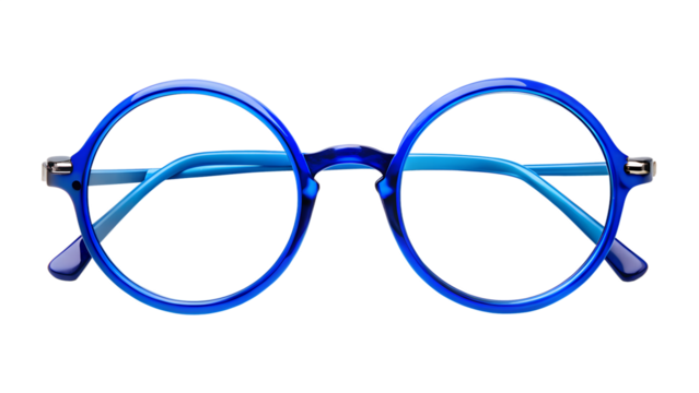 Stylish blue round eyeglasses isolated on transparent background, a fashionable accessory for vision correction or a trendy statement piece