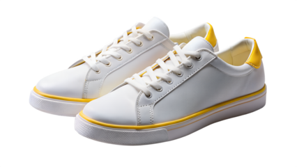 Pair of white sneakers isolated on transparent background, stylish and comfortable footwear for casual wear, featuring yellow accents and laceup closure