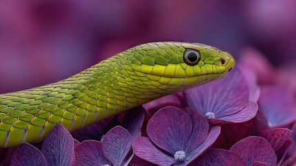 Fototapeta premium A zoomed-in picture of a green snake surrounded by purple flowers in front and a pink blossom behind