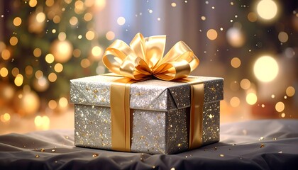 Festive gift box bathed in holiday lights