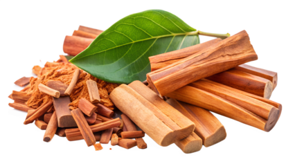 Aromatic sandalwood sticks and powder with a green leaf, commonly used in incense, perfumes, and traditional medicine isolated on transparent background