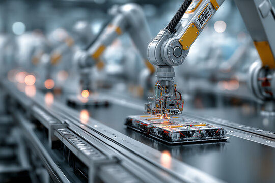A close-up of a robotic arm performing precision welding on a component in a factory. Symbolizes industrial automation, innovation, and technological efficiency.

