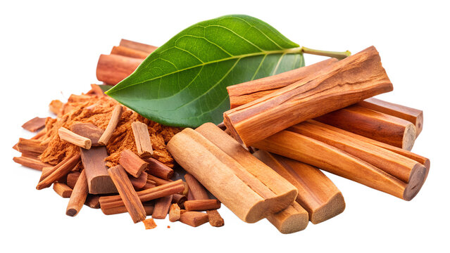Aromatic sandalwood sticks and powder with a green leaf, commonly used in incense, perfumes, and traditional medicine isolated on transparent background