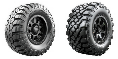 Two offroad tires with aggressive tread patterns, isolated on a transparent background