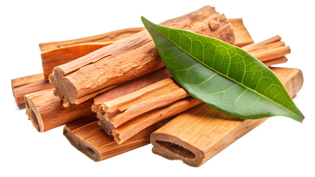 Pile of sandalwood sticks with a green leaf isolated on transparent background, showcasing the aromatic wood used in perfumes and incense making