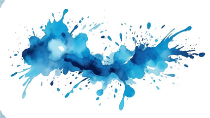 Blue ink splashes and blots on white background with watercolor texturea