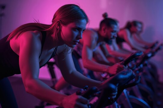 Determined cyclist pedals hard on neon stationary bike in vibrant studio