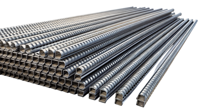 Stack of reinforcing steel bars isolated on transparent background, essential material for concrete construction and structural support in building projects