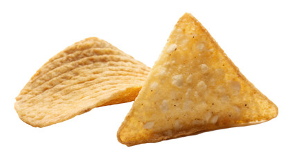Two crispy tortilla chips isolated on transparent background, a popular snack for dipping in salsa, cheese, or guacamole at parties